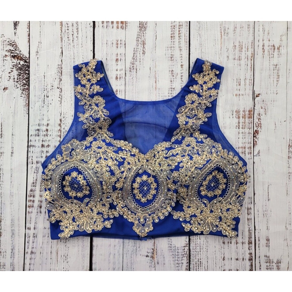 Jodi Kristopher Size 15 Blue Gold Beaded Sequin Crop Top Formal Y2K